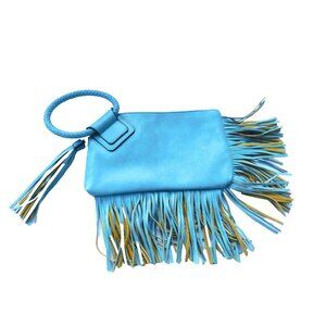 Boho Blue Gray Faux Leather Purse with 5 in. Fringe on Two Sides